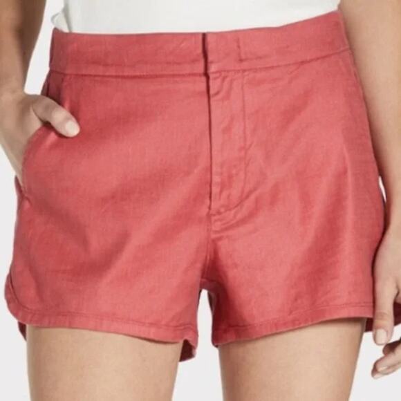 LEVEL99 Helen Trouser Shorts Coral Red Linen Blend Back Elastic Waist Women's 27 - Picture 2 of 10